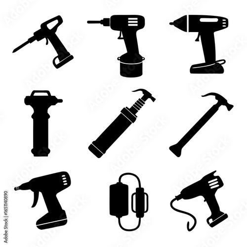 Nine black silhouette icons of construction and D I Y tools drill hammer
