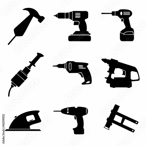 Nine black silhouette illustrations of various power and hand tools hammer drill