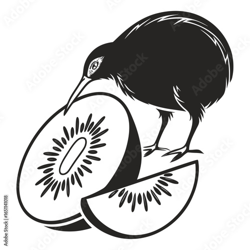 Stylized black and white illustration of a kiwi bird standing next to a sliced kiwi fruit and a kiwi slice