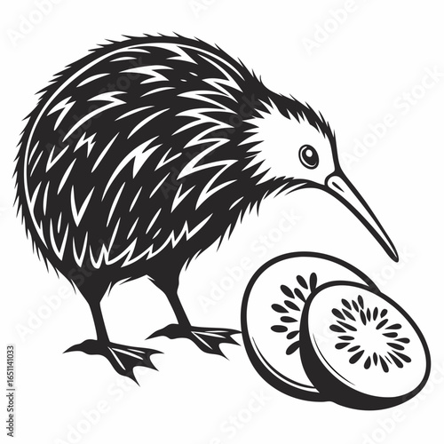 Stylized black and white illustration of a kiwi bird standing next to two slices of kiwi fruit on a white background