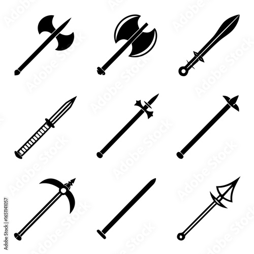 Nine black silhouette medieval weapons on white background battle axe double axe