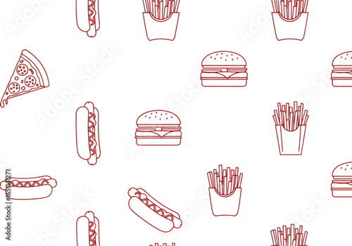 Seamless pattern of fast food items: pizza, hotdogs, fries, and burgers.