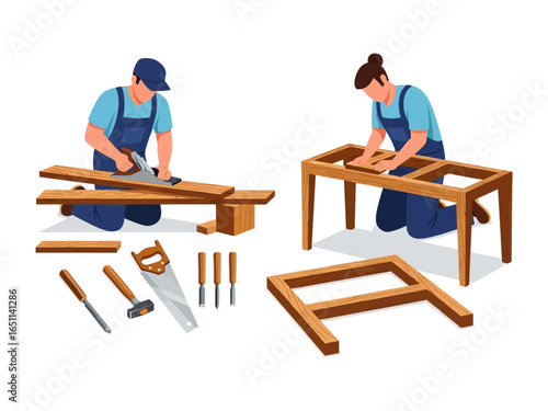 Crafting Dream: Two skilled artisans bring a wooden frame to life, carefully shaping and assembling it with precision, using essential tools, capturing the essence of creation and craftsmanship.