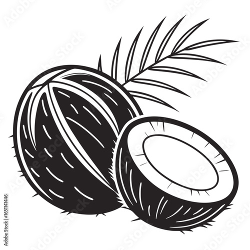 Stylized black and white illustration of a whole coconut and a halved coconut with a palm frond