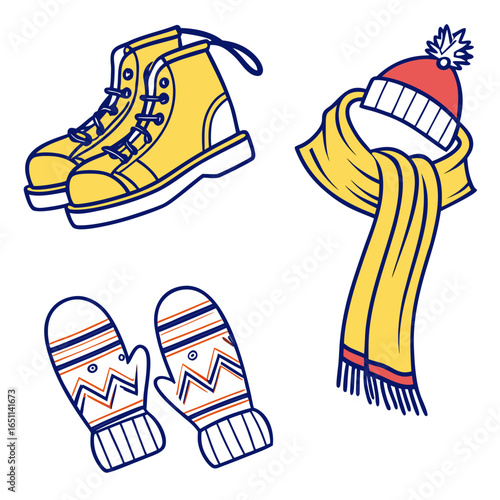 A collection of warm winter clothing including yellow boots a yellow scarf with a red pom pom hat and patterned mittens isolated on a white background