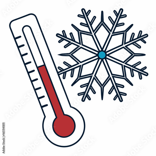 A thermometer showing a cold temperature next to a detailed snowflake illustration representing winter weather conditions and freezing temperatures