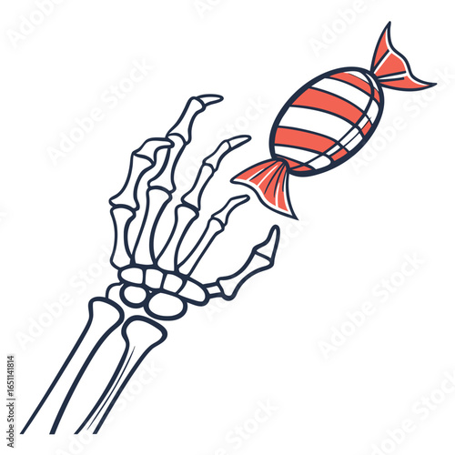A skeletal hand reaching for a striped candy, isolated on white background, representing the eerie fun of halloween and the tempting allure of sugary treats