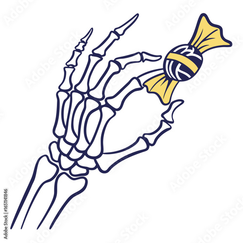 A skeleton hand holding a wrapped candy isolated on white background, ideal for halloween designs and spooky autumn themes, with a vintage and retro style
