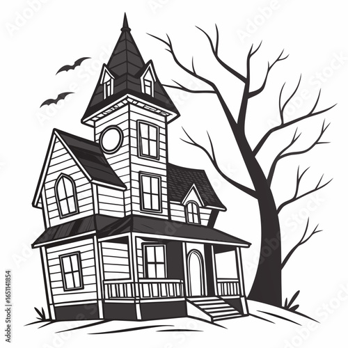 Creepy victorian haunted house with a tall spire and bare tree silhouette under a sky with flying bats