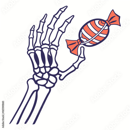 A skeleton hand holding a wrapped candy isolated on white background, great for halloween designs and spooky autumn themes, with a vintage and retro style
