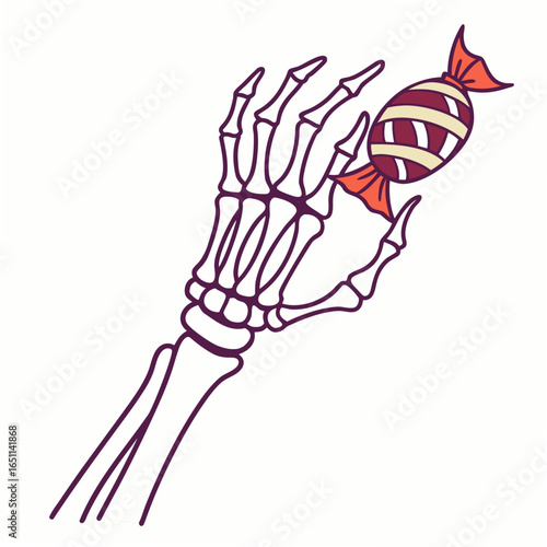 A skeleton hand holding a wrapped candy isolated on white background, perfect for halloween designs and spooky autumn themes, with a vintage and retro style