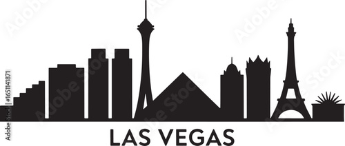 Las Vegas Cityscape Silhouette Vector Illustration with Famous Landmarks and Architecture