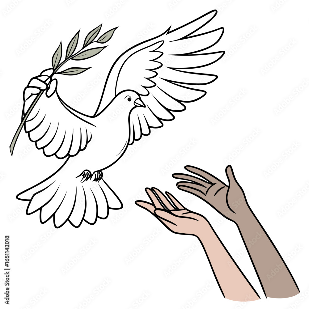 Obraz premium A white dove with an olive branch flies towards two open hands representing hope and peace for all people