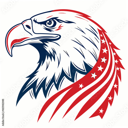 Bold american bald eagle head with flowing red white and blue stripes and stars emblematic of patriotism and national pride