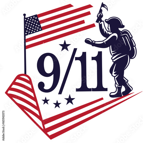 Commemorating 9 11 with a patriotic american flag and a silhouette of a first responder holding an axe
