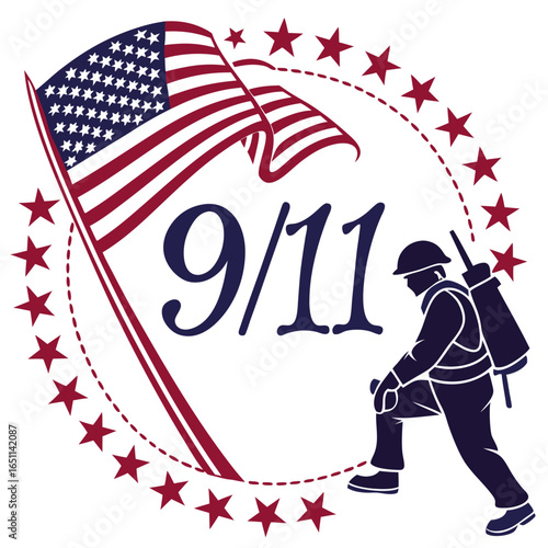 Honoring 9 11 heroes with american flag and a solemn firefighter remembering the tragedy