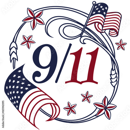 Commemorative illustration featuring the date 9 11 prominently displayed with decorative elements including american flags and stars in patriotic colors