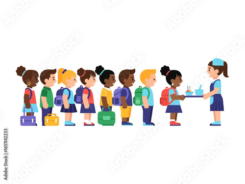 Lunchtime Lineup: A diverse group of elementary students stands in an organized queue, eagerly anticipating their midday meal, embodying the joy and camaraderie of a school lunch experience.