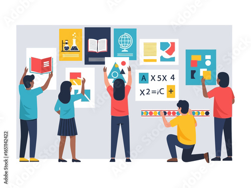 Creative Collaboration: A diverse group of individuals collaborates to curate and arrange various educational posters on a visual board, creating an engaging and colorful learning environment.