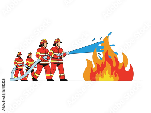 Firefighters in Action: A courageous team of firefighters bravely battles a raging fire.
