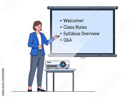 Teacher in Classroom Presentation: A focused instructor, gracefully delivering a syllabus presentation with poise, using a projector and screen within a structured learning environment.