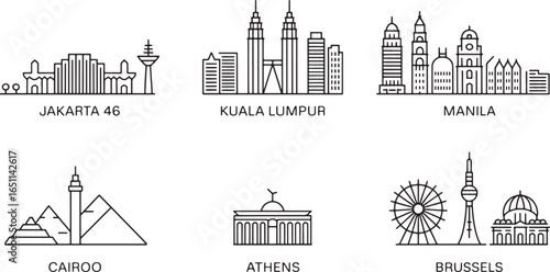 Detailed Cityscape Outlines of Jakarta, Kuala Lumpur, Manila, Cairo, Athens, and Brussels