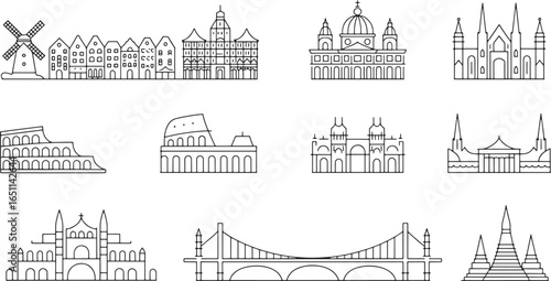 Detailed City Architecture Outlines Collection Amsterdam Vienna Rome Milan Istanbul