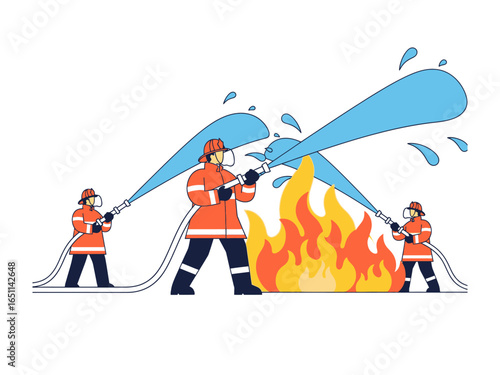 Firefighters Battling Flames: Courageous firefighters combat a raging inferno, employing hoses to douse the flames, in a vivid display of teamwork and bravery.