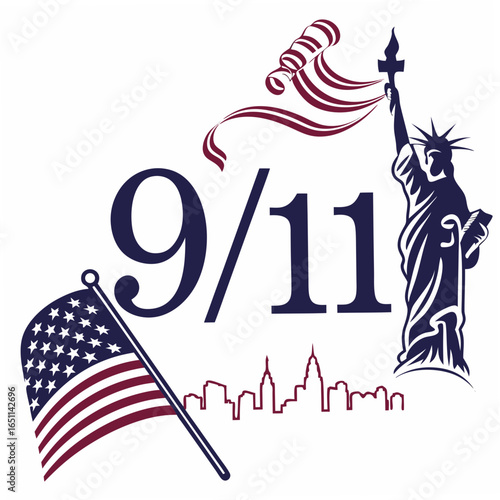 Illustration of the statue of liberty, american flag and september 11 isolated on white background, symbol of new york city and the united states of america