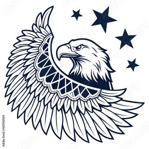 Majestic eagle head with open wing and stars emblematic of freedom and patriotism in a stylized line art design