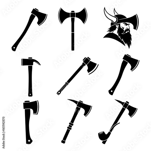 Viking warrior head with axe helmet and collection of black axe and hammer icons profile