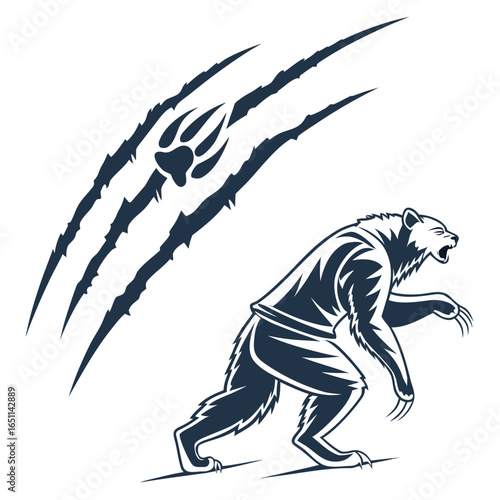 Bear claw scratch mark isolated on white background, a wild animal attack symbol representing danger, power, and strength, suitable for sport team logo