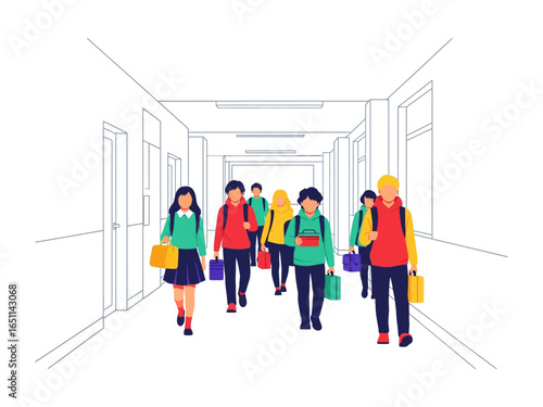School Corridor: Group of students walking along a corridor, carrying schoolbags and eagerly anticipating their lessons in a bright and welcoming setting.