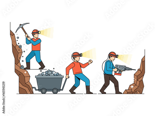 Mining Process Illustration: Three miners in various phases of mining in a vibrant illustration, showcasing the different tools and techniques used to extract valuable resources from the earth. 