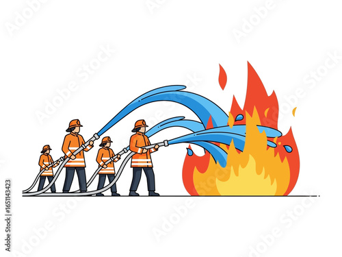 Firefighters' Courage in Action: Firefighters bravely combat a raging fire with powerful jets of water. Illustrating their commitment and bravery in the face of danger.