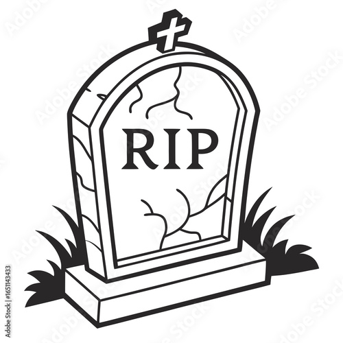 Illustration of a cracked tombstone with rip inscription and a cross isolated on white background, representing death, burial, and remembrance in a cemetery setting