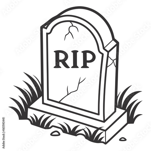 Illustration of a cracked tombstone with rip inscription isolated on white background, symbolizing death, burial, and remembrance in a cemetery setting