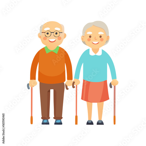 Happy elderly couple holding hands and walking with canes representing senior companionship and active aging in a cheerful cartoon style