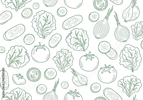 Vegetable pattern with cucumbers, tomatoes, onions, and lettuce on a white background.