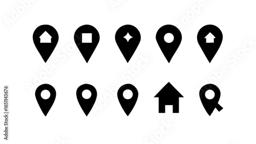 Set of location pin icons isolated on white background for maps and navigation, representing various places, destinations, and points of interest in a simple and modern design