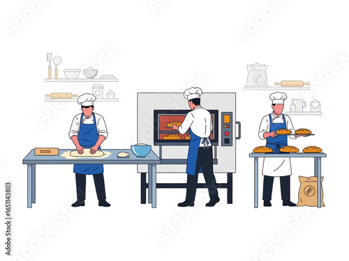 Artisanal Bakers at Work: A trio of skilled bakers in a modern bakery, each deeply engrossed in crafting bread, showcasing a dedication to their craft amidst equipment, and tools.