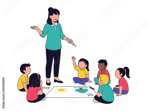 Kindergarten Class Interaction: A classroom scene unfolds, with a teacher and several children engrossed in a project on the floor, fostering learning and creativity.