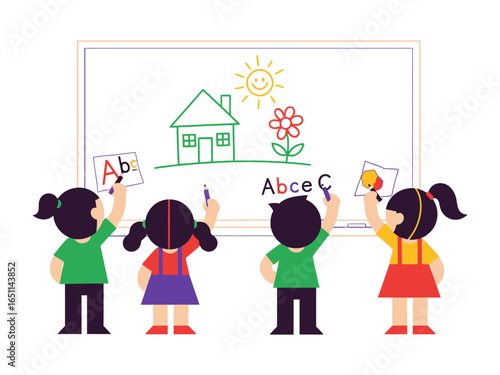 Kids in Education: A vibrant illustration of children engaged in the delightful process of learning, filled with creativity and joyful discovery. This image represents education, teaching and study. 