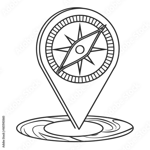 A minimalist line art illustration of a compass inside a map pin, symbolizing navigation and travel, isolated on white background
