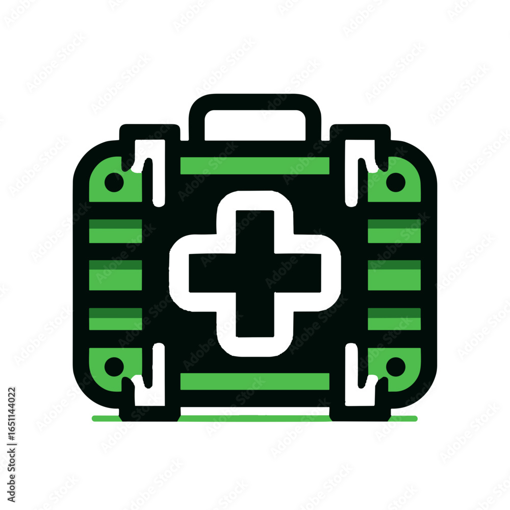 Obraz premium Modern first aid kit illustration with bold cross symbol, vibrant green and black vector design on transparent background
