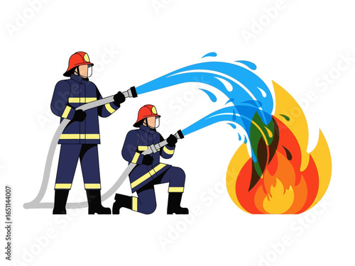 Firefighters in Action: Heroic firefighters combat a raging fire with powerful water streams, showcasing their bravery and commitment to community safety.