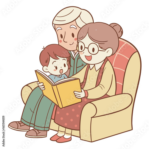 Happy grandparents and grandchild sitting on a sofa reading a book together with smiles and expressions of joy and engagement