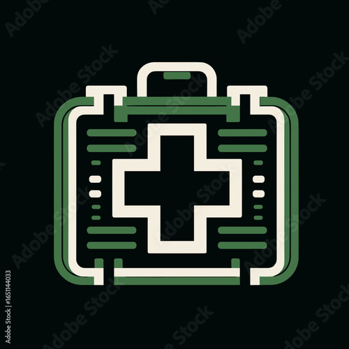 Stylized first aid kit illustration with cross symbol, minimalistic vector design in green and white on black background
