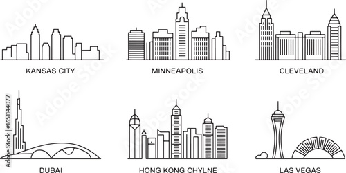 Detailed Line Art Skyline Collection Featuring Kansas City, Minneapolis, Cleveland, and Dubai