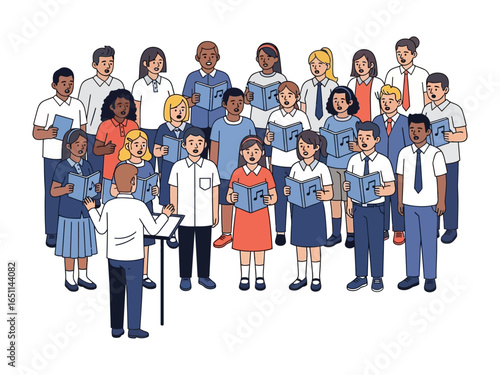 Harmonic Harmony: A diverse choir of singers, guided by their conductor, united in perfect pitch and rhythm, creating a beautiful musical performance.